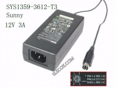 Sunny SYS1359-3612-T3 AC Adapter 5V-12V 12V 3A, 4P P3&amp;4=V&#x2B;, C14,Used