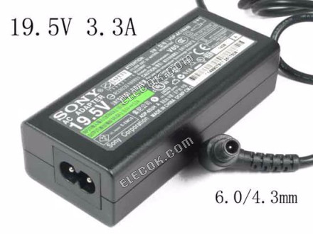 Sony Vaio SVE141D11L AC Adapter - νέο γνήσιο 19.5V 3,3A, 6.0/4.3mm με πιν, 2-Prong 