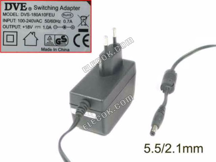 DVE DVS-180A10FEU AC Adapter- Laptop 18V 1A, 5,5/2.1mm, EU 2P, Gebraucht 