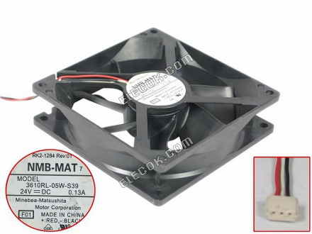 NMB-MAT / Minebea 3610RL-05W-S39 サーバー- 正方形ファンF01, sq90x90x25, w80x3x3, 24V 0.13A 3線