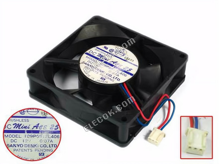 Sanyo Denki 109P0912L406 Server - Quadrat Lüfter sq92x92x25, w80x2x3, 12V 0,07A 2 Drähte 