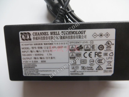 CWT / Channel Well Technology KPL-060F-VI AC Adapter 5V-12V 12V 5A, 5.5*2.5mm 