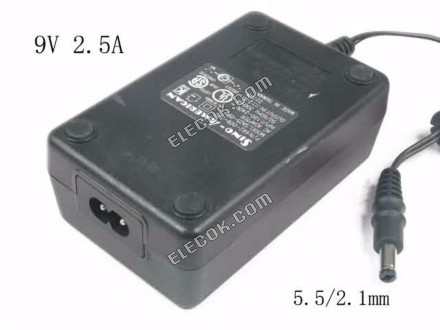 Sino American SA25-09U AC Adapter 5V-12V 9V 2,5A, 5,5/2.1mm, 2-Prong, Gebruikt 