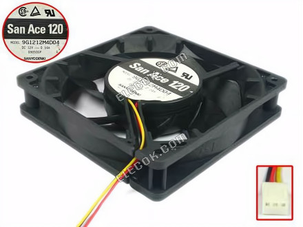 Sanyo Denki 9G1212M4D04 Server - Square Fan sq120x120x25, w130x3x3, 12V 0.14A 3-wire 