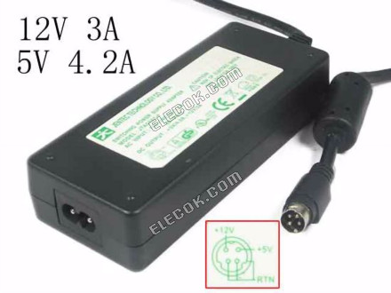 JENTEC JTA0707-Y AC Adapter 5V-12V 12V 3A, 5V 4.2A, 4p, P1=5V P4=12V, 2-prong 