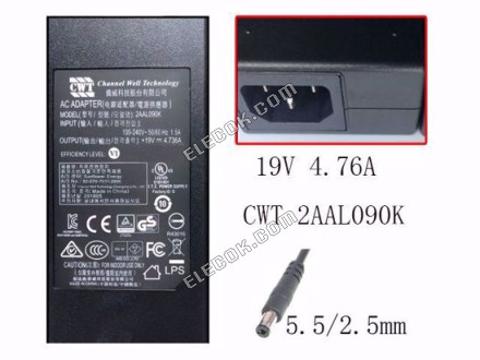 CWT / Channel Well Technology 2AAL090K PRąD ZMIENNY (AC) Adapter- Laptop 19V 4,736A, Barrel 5,5/2.5mm, IEC C14 