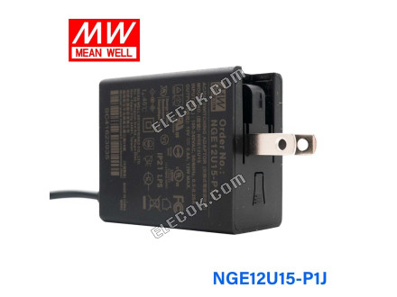 Mean Well NGE12U15-P1J AC-DC Wall-mounted Green Adaptor - US Plug - 12W 15V 0.8A 
