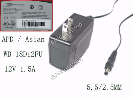 APD / Asian パワーDevices WB-18D12FU, WB-18D12FN AC Adapter 5V-12V 12V 1.5A 5.5/2.5MM, US 2-Pin プラグ, 中古品