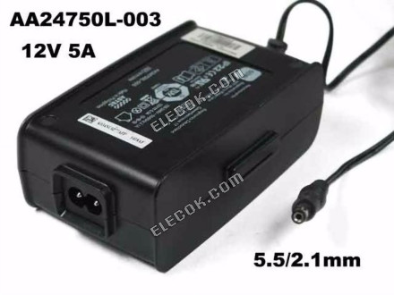 ASTEC AA24750L-003 AC Adapter 5V-12V 12V 5A, Barrel 5.5/2.1mm, 2-prong, Used 