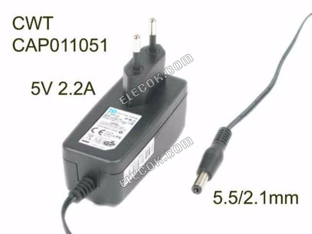 CWT / Channel Well Technology CAP011051 AC Adapter 5V-12V 5V 2,2A, 5,5/2.1mm, EU 2P Conector 