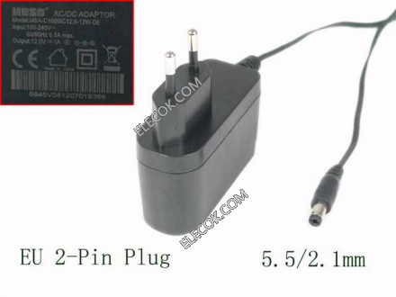 MOSO MSA-C1000IC12.0-12W-DE AC Adapter 5V-12V&amp;#xFF0C;12V 1.0A, Barrel 5.5/2.1mm, EU 2-Pin Plug,Used