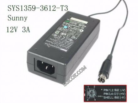 Sunny SYS1359-3612-T3 AC Adapter 5V-12V 12V 3A, 4P P3&amp;amp;4=V&amp;#x2B;, C14,Used