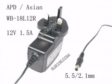 APD / Asian Power Devices WB-18L12R, WB-18D12R, AC Adapter 5V-12V 12V 1.5A, Barrel 5.5/2.1mm, UK 3-Pin Plug,Used