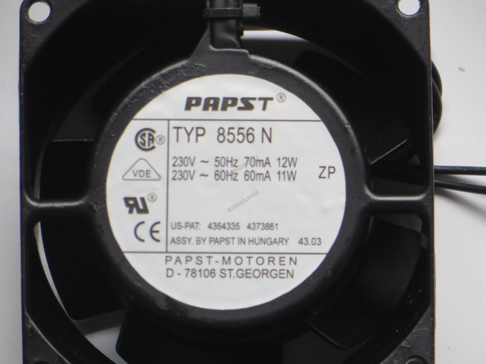 ebm-papst 8556 N Server - Vierkant Ventilator 8556N, sq80x80x38, 230V 50Hz/60Hz 60mA/70mA 11W/12W 2 draden 