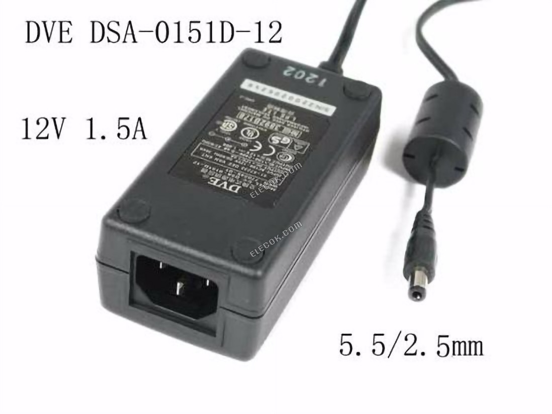 DVE DSA-0151D-12 AC Adapter 5V-12V 12V 1.5A, Barrel 5.5/2.5mm, IEC C14, Used 