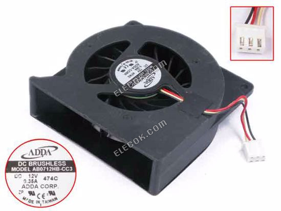 ADDA AB0712HB-CC3 Server - Blower Fan bw70x68x20, w40x3x3, 12V 0.35A 3-wire 