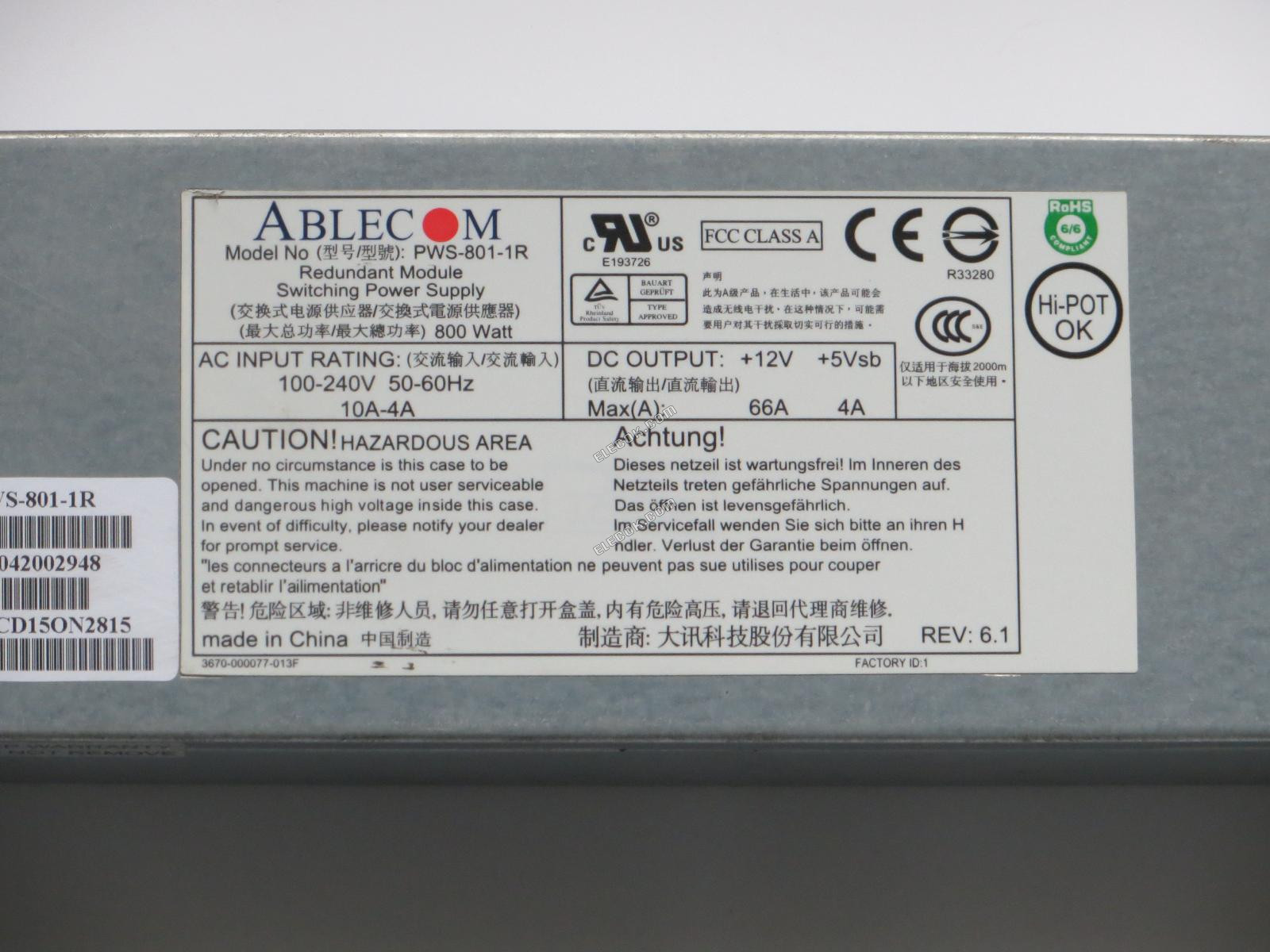 Ablecom PWS-801-1R Server - Power Supply 800W, PWS-801-1R, Used 