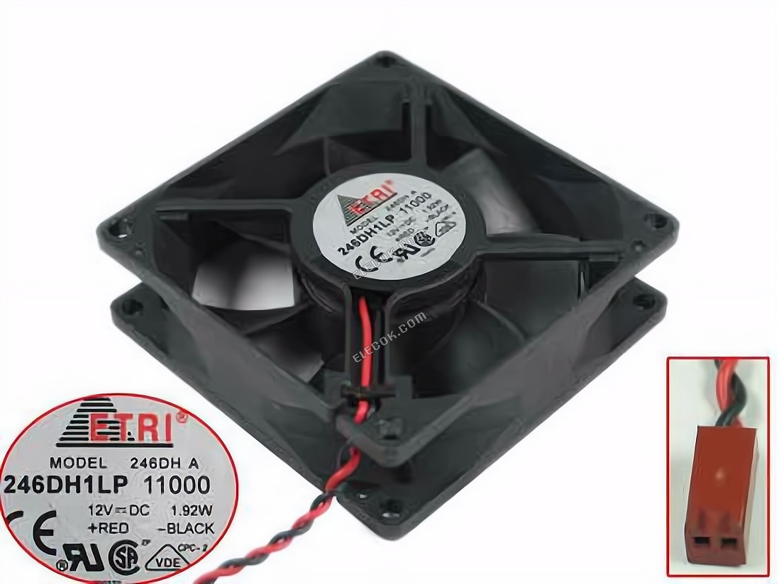 ETRI 246DH Serveur - Carré Ventilateur A, 246DH1LP, sq80x80x25, w180x2x2, 12V 1,92W 2 fils 