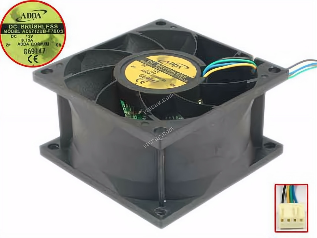 ADDA AD0712UB-F7BDS Server - Fyrkant Fläkt 12V 0.70A, 70X70X38mm 200mm, 4 kablar 4-pin 