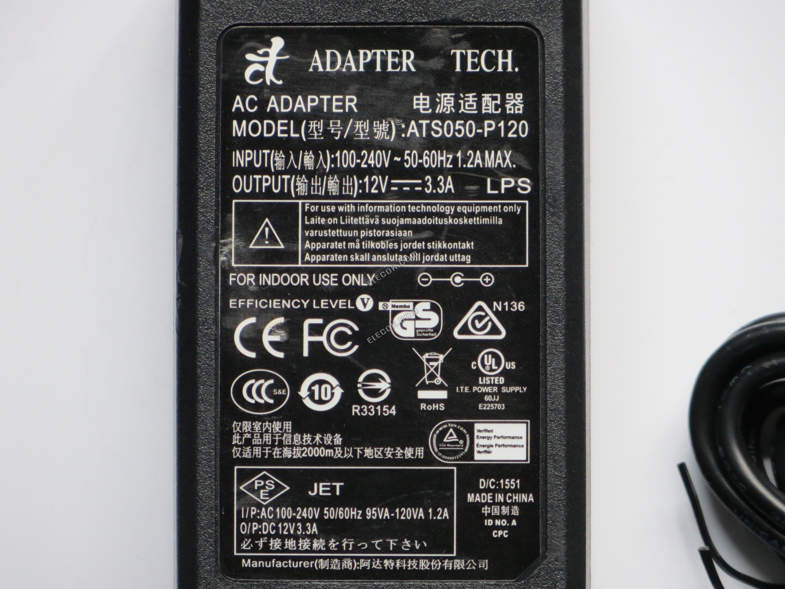 ADAPTER TECH 12V 3.3A ATS050-P120 , substitute interface is 5.0*3.0MM ...