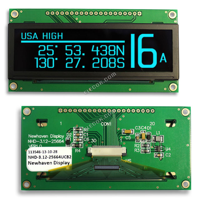 NHD-3.12-25664UCB2 Newhaven Display Intl Graphic LCD Display Module Blue OLED - Passive Matrix Parallel, 8-Bit, SPI 3.12" (79.25mm) 256 x 64