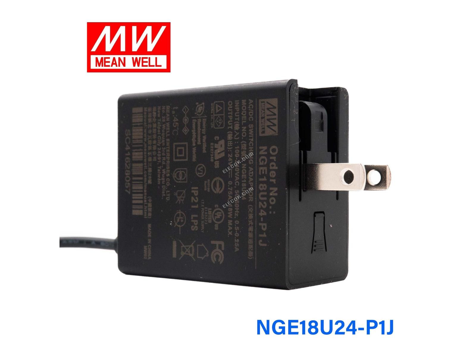 Mean Well NGE18U24-P1J AC-DC Wall-mounted Green Adaptor - US Plug - 18W 24V 0.75A 