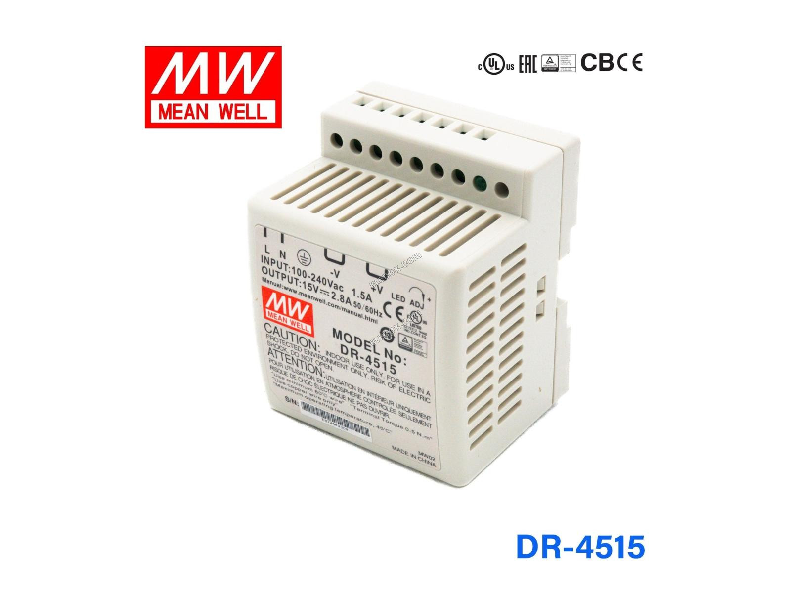 Mean Well DR-4515 AC-DC Industriale Guida DIN alimentatore 45W 