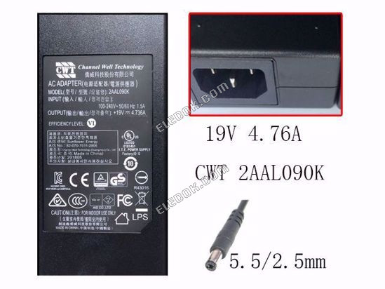 CWT / Channel Well Technology 2AAL090K PRąD ZMIENNY (AC) Adapter- Laptop 19V 4,736A, Barrel 5,5/2.5mm, IEC C14 