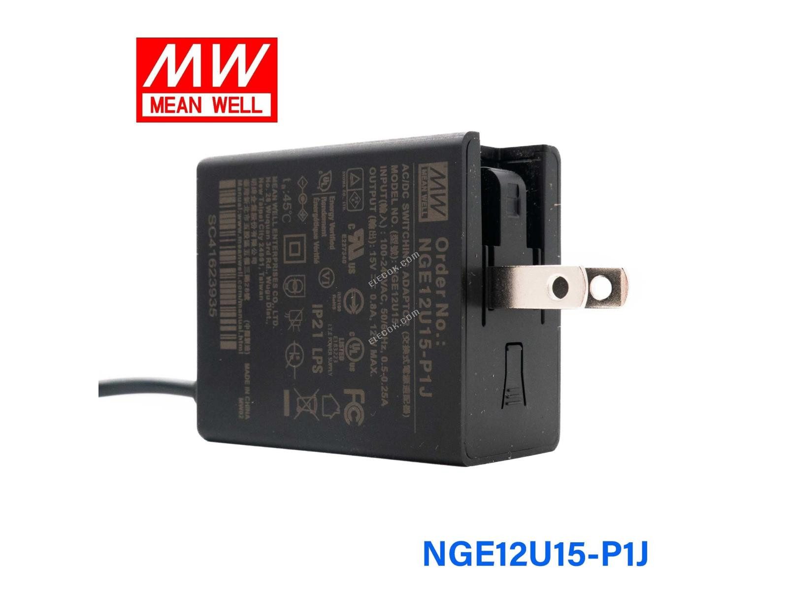 Mean Well NGE12U15-P1J AC-DC Wall-mounted Green Adaptor - US Plug - 12W 15V 0.8A 