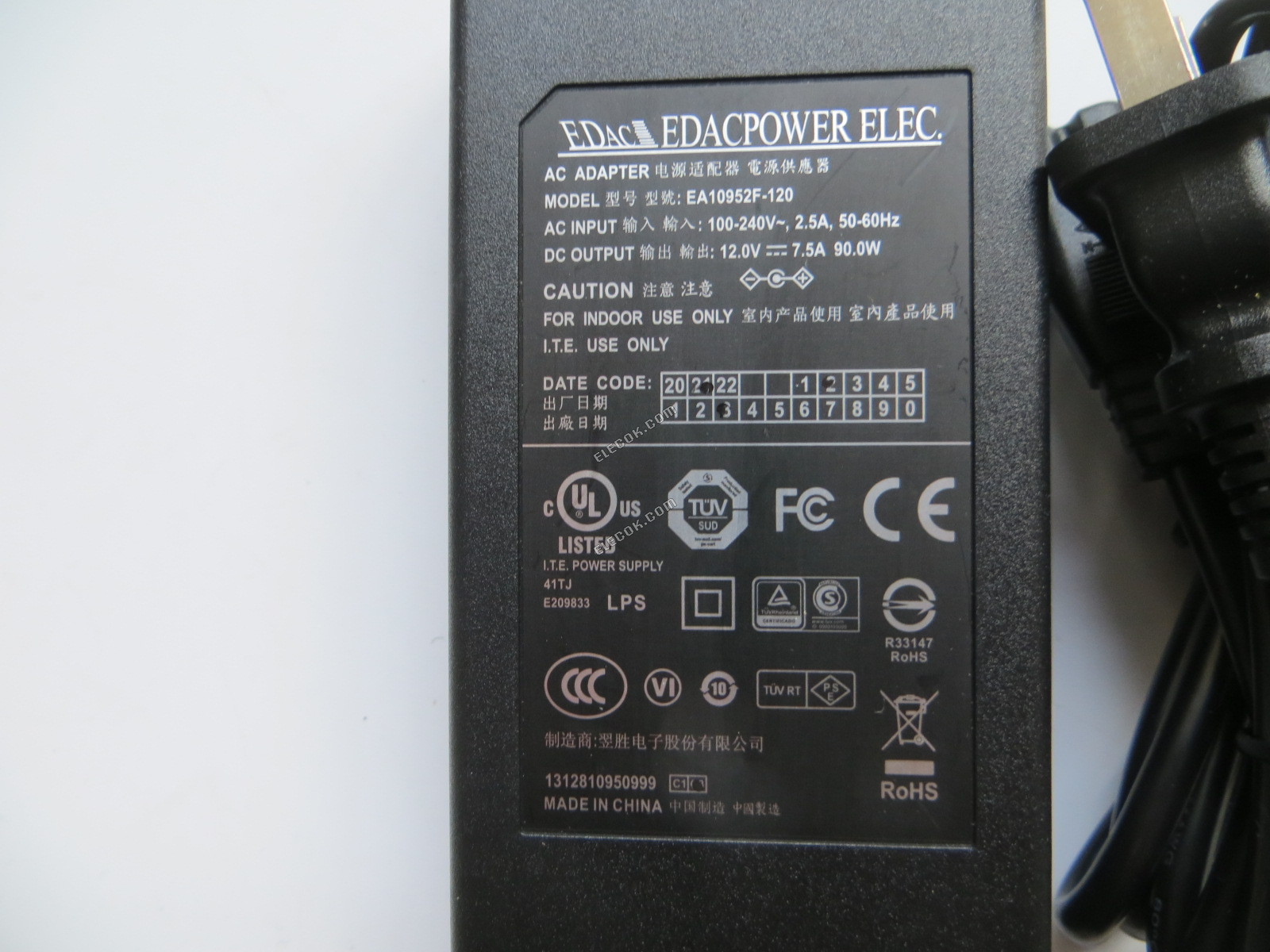 EDAC EDACPOWER ELEC 12V7.5A EA10952F-120, interface is 5.5*2.5MM 