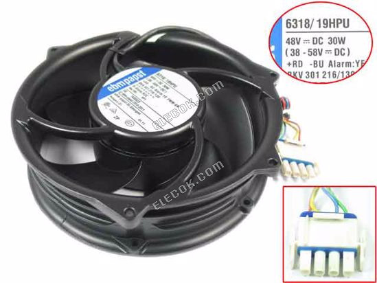 ebm-papst 6318 /19HPU Server - Rund Ventilator dia172x172x51mm, w80x4x4, 48V 30W 4 ledninger 