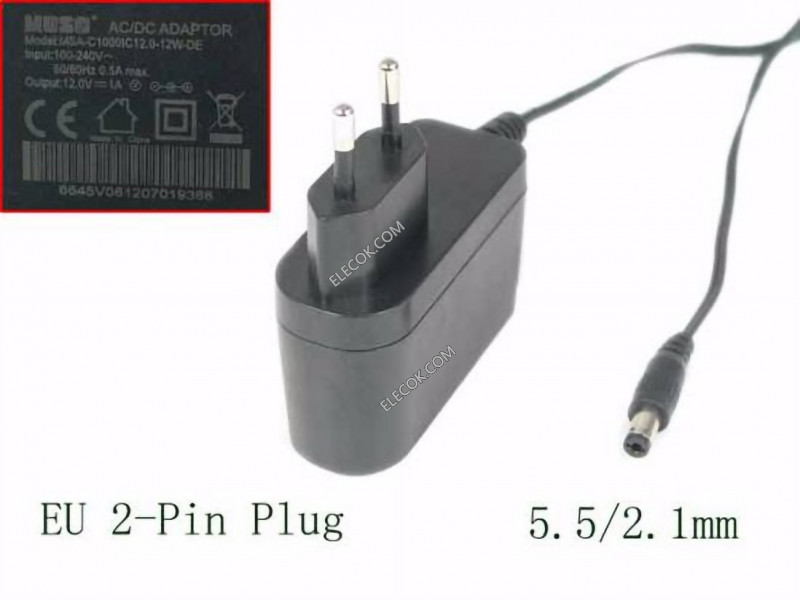 MOSO MSA-C1000IC12.0-12W-DE AC Adapter 5V-12V&#xFF0C;12V 1.0A, Barrel 5.5/2.1mm, EU 2-Pin Plug,Used
