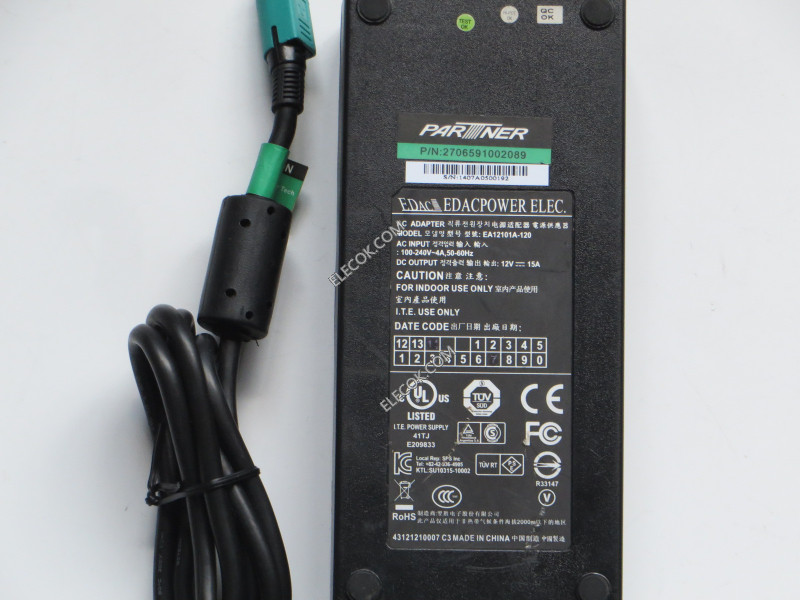 Edac Power EA12101A-120 AC Adapter 5V-12V 12V 15A, 4P P1&amp;4=V&#x2B; , C14,Used