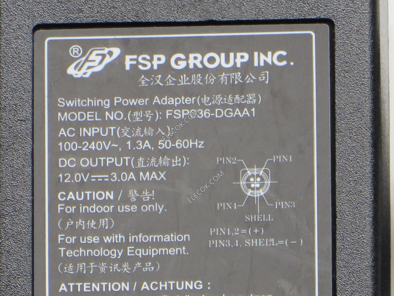 FSP Group Inc FSP036-DGAA1 AC Adapter 5V-12V 12V 3A, 4P P1&amp;4=V&#x2B;, C14,Used