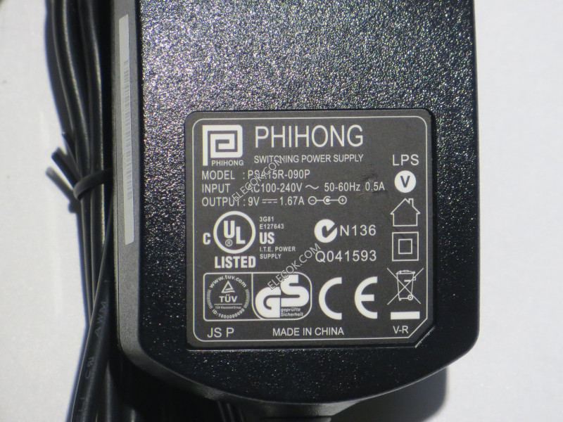 PHIHONG PSA15R-090P AC Adapter 5V-12V 9V 1.67A, 5.5/2.1mm, US 2P Plug