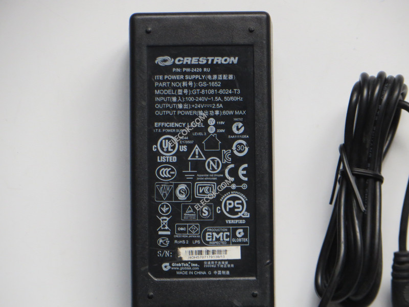 CRESTRON 24.0V2.5A PW-2420RU GS-1652 +24V2.5A GT-81081-6024-T3   Power cord 