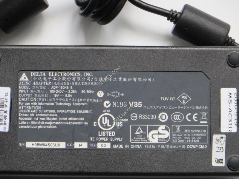 Delta Electronics ADP-180HB B  Adapter- Laptop 19V 9.5A, 4P P1&amp;4=V&#x2B;, C14,4 needle interface ,Interface 10 mm,used